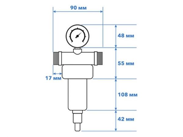 Фильтр самоочищающийся 3/4' нар. или 1/2' вн., 100 микрон, с манометром, AV Engineering (инд. упак.)(промывной латунный)
