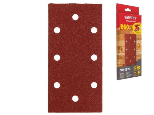 Шлифлист 90х187 мм Р60 д/дерева самосцепл. 8 отв. 5 шт. WORTEX(Подходит для использования к виброшлифмашине WORTEX SS 1920 E, SS 2230-1 E)