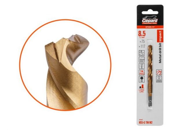 Сверло по металлу шестигр. 8.5х75х117 мм HSS-G TIN GEPARD(многогранная заточка)