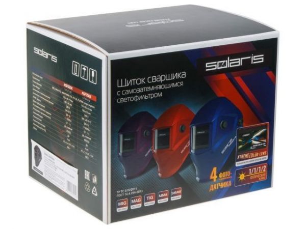 Щиток сварщика с самозатемняющимся светофильтром Solaris ASF650Х (синий металлик)(1/1/1/2; 100x45 мм (45,0 см2); DIN 3/9-13 (рег); 4 сенсора; естеств. передача цветов XtremeColorLens)