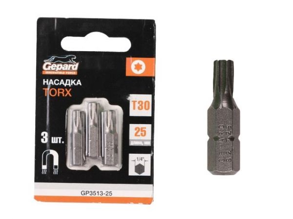 Насадка TORX T30 25мм  3шт GEPARD (GP3513-25)(бита звездочка шестилучевая звезда сталь S2  магнитная)