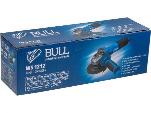 Одноручная углошлифмашина BULL WS 1212 в кор. 125 мм, 1200 Вт, плав. пуск., конст. эл. (11 000 об/мин, защита от перегрузки, защита от повторного включения, вес 2,4 кг)
