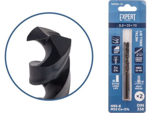 Сверло по металлу ц/х 3.5х39х70 мм HSS-Co, комплект из 2-х шт Black EXPERT STARTUL(кобальт 5%)
