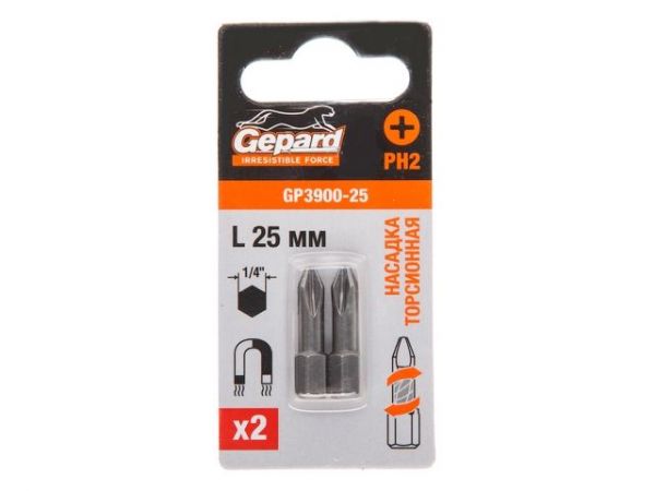 Насадка крестообразная PH2 25мм  2шт торсионная GEPARD (GP3900-25)(бита Phillips сталь S2 магнитная)