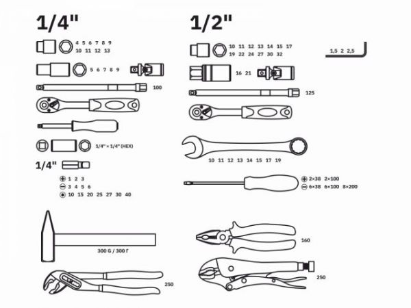 Набор слесарного инстр-та в чем. 72пр. ВОЛАТ(1/4', 1/2', 6 граней)