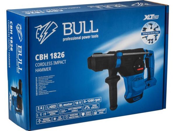 Перфоратор BULL CBH 1826 Xcase, XLTpro, БЕСЩЕТ., 18 В, 2.6 Дж, 26 мм, 1x4 А*ч, з/у(3 режима + Vario-lock, 3,2 кг)