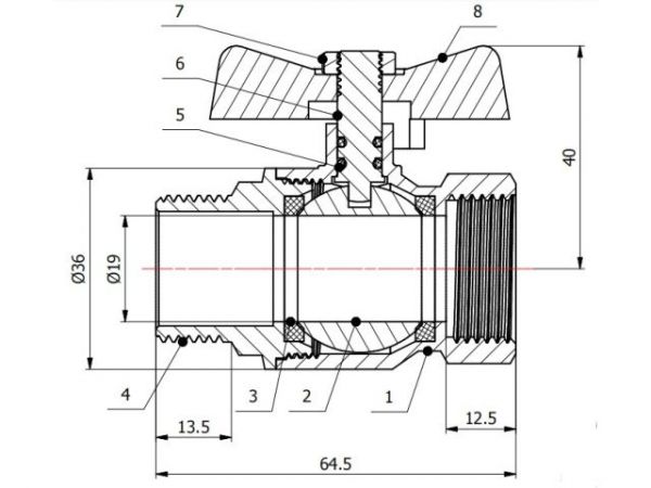 Кран шаровый 3/4' нар.-вн. бабочка PN40, AV Engineering(Латунь, макс.  40 бар, макс.  110 °С)