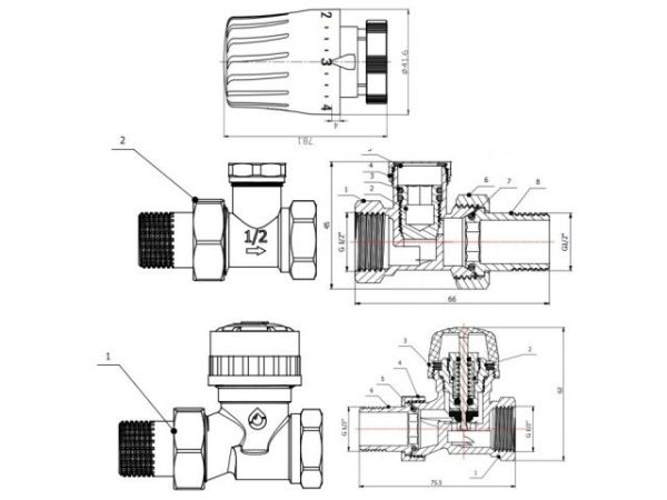 Комплект кранов прямой 1/2' для радиатора с термоголовкой, AV Engineering (инд. упак.)(M30x1.5)