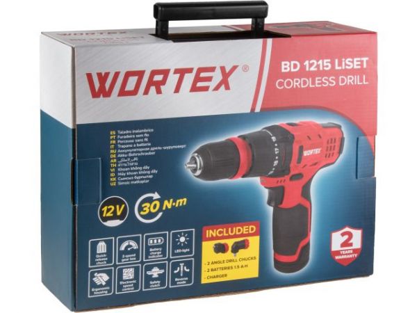 Дрель-шуруповерт WORTEX BD 1215 LiSET в чем. + 2 насадки, 12 В, 30 Н*м, 2х1.5 А*ч, БЗП 10 мм(Быстросъемный патрон, шурупы до 6 мм)