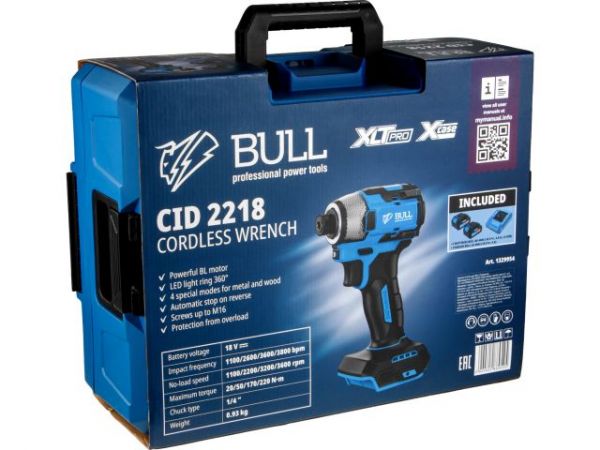 Ударный гайковерт/винтоверт BULL CID 2218 Xcase, XLTpro, SET, БЕСЩЕТ., 18 В, 220 Н*м, 2х4 А*ч(LED 360°, 8 режимов работы, память режима, защита от перегрузки/перегрева)
