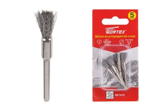 Щетка из углеродистой стали 5 мм WORTEX(раб. диам. 5.0 мм, диам. хвостовика 3.2 мм, 15000 об/мин)