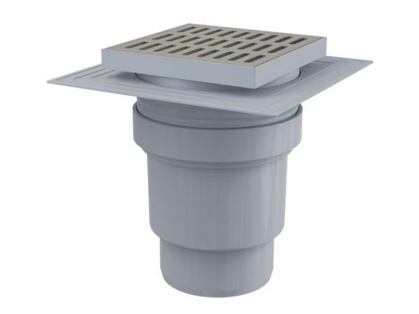 Сливной трап 150х150/110, подводка – прямая, решетка – нержавеющая сталь, воротник – 2-х уровневая