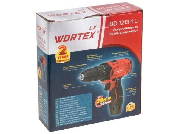 Дрель-шуруповерт WORTEX LX BD 1213-1 Li в кор. 12 В, 25 Н*м, 1х1.5 А*ч, БЗП 10 мм(шурупы до 5 мм)