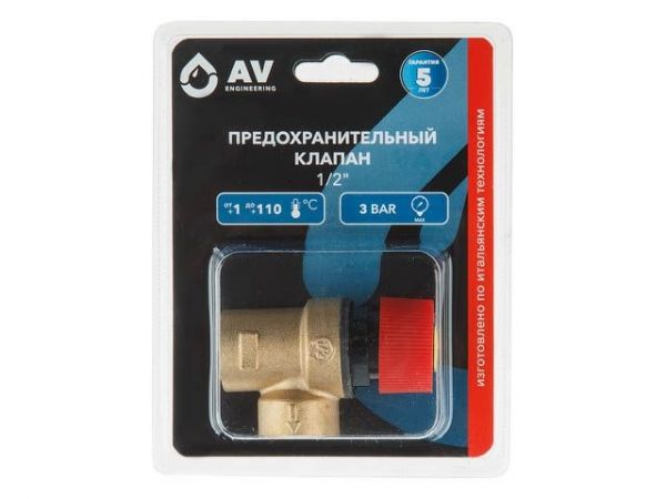 Предохранительный клапан 1/2' вн.-вн. 3 Бар, AV Engineering (инд. упак.)(Латунь, макс.  3 бар, макс.  110 °С)