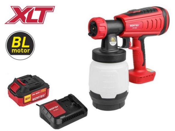 Краскораспылитель WORTEX CPS 1808 в кор. ALL1 XLT SET БЕСЩЁТ.ДВИГ., 18 В, 1 акк., 4 Ач, 10(БЕСЩЁТ.ДВИГ., 18 В, 1 акк., 4 Ач, ЗУ, 1000 мл/мин, 0.8 л бак, 2.6 мм сопло, 50 DIN)