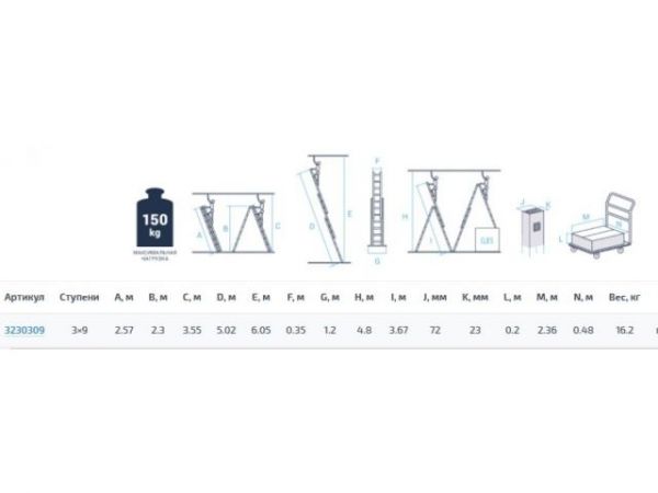 Лестница алюм. 3-х секц. 236/562/250 см 3х9 ступ. 15,9 кг  NV3230 Новая Высота(макс. нагрузка 150кг)