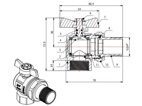 Кран шаровый угловой 3/4' нар.-вн. бабочка (со сгоном) PN40, AV Engineering(Латунь, макс.  40 бар, макс.  110 °С)