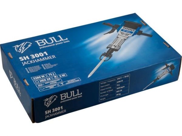 Отбойный молоток BULL SH 3001 в кор. 2000 Вт, 75 Дж, HEX 28.6 мм, 1050 уд/мин, 5 м кабель(30 кг)