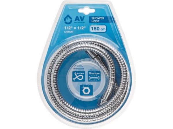 Шланг душевой SUS/EPDM, 1/2' г-г 150 см, хром, anti-twist, AV Engineering(Гайка латунь (anti-twist), 10 бар)