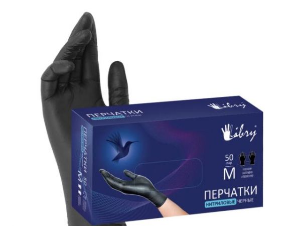 Перчатки нитриловые, р-р М, уп. 100 шт. черные LIBRY(текстурированные на пальцах)
