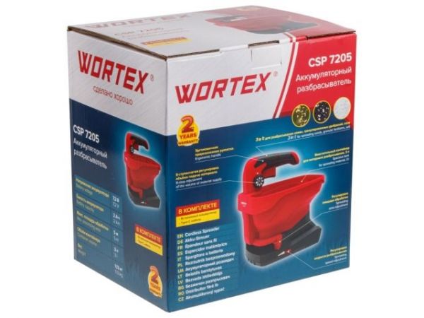 Разбрасыватель WORTEX CSP 7205 в кор. Встр. акб 7,2 В, 2 А/ч, конт. 3 л., шир. 5 м. (Регулировка ширины, скорости, объёма.)