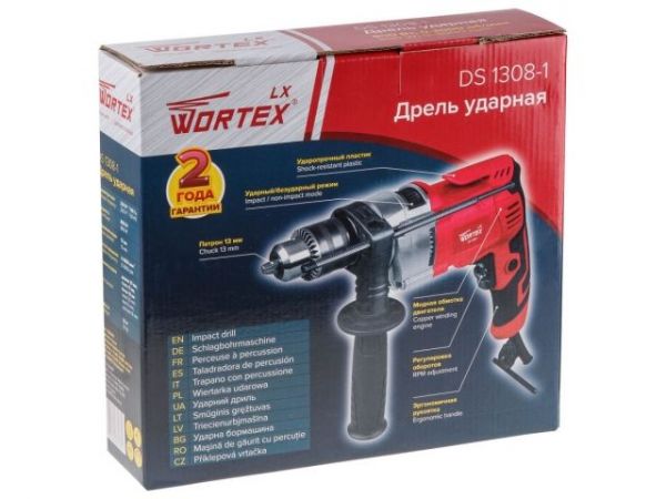 Дрель ударная Wortex LX DS 1308-1 в кор. 800 Вт, 1 скор., 25 мм в дер. ключевой патрон 13 мм.