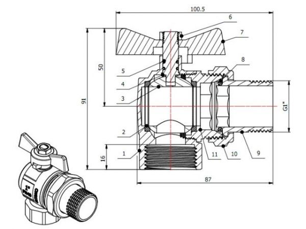Кран шаровый угловой 1' нар.-вн. бабочка (со сгоном) PN40, AV Engineering