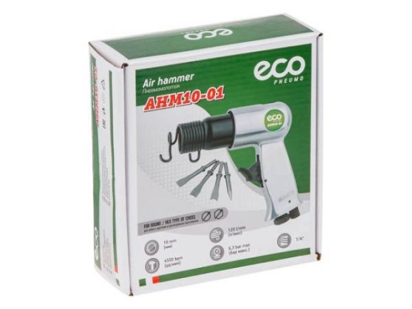 Пневмомолоток ECO AHM10-01(4500 уд/мин; 1.12 Дж; 120л/мин; Хвостовик:10 мм; Долото - 4 шт.)