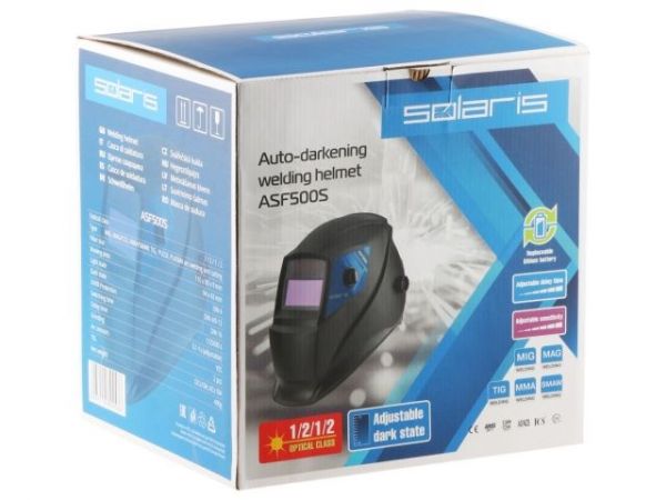 Щиток сварщика с самозатемняющимся светофильтром Solaris ASF500S(1/2/1/2; 94х43 мм (40,4 см2); DIN 4/9-13; шлифовка; рег.чувств.; рег.задерж.)
