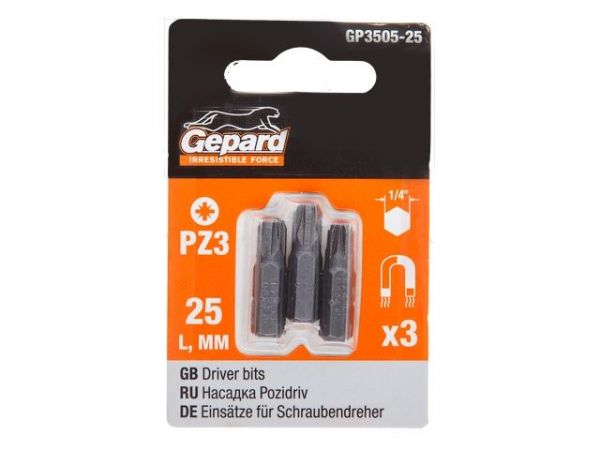 Насадка крестообразная PZ3 25мм  3шт GEPARD (GP3505-25)(бита Pozidrive позидрив сталь S2 магнитная)