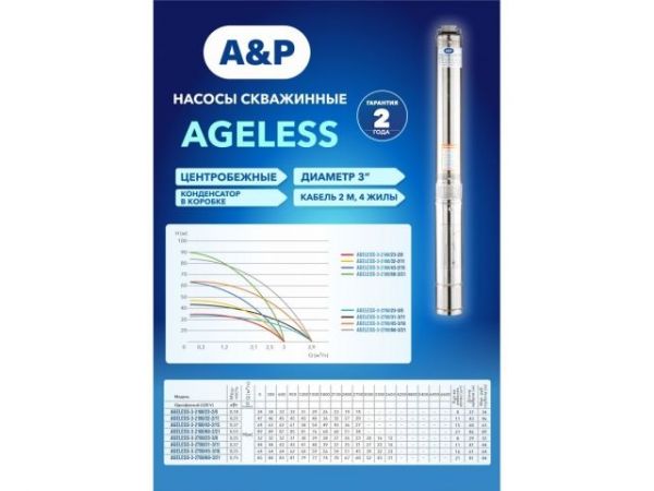 Насос скважинный центробежный AGELESS-3-2700/45-3/16 A&P(550 Вт, 3,6 м3/ч, 64м, 3' / 7,62 см)