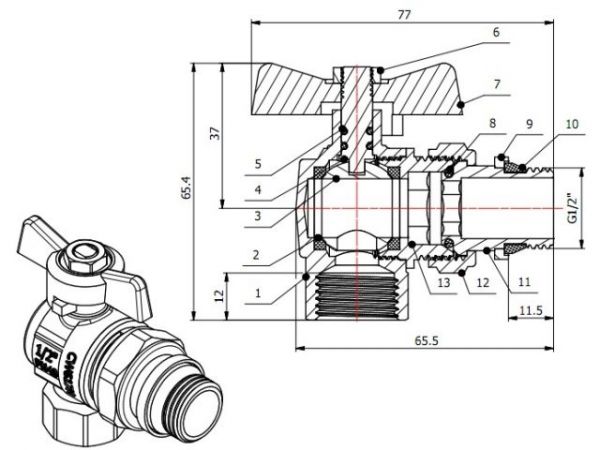 Кран шаровый угловой 1/2' нар.-вн. бабочка (со сгоном) PN40, AV Engineering(с уплотнительным кольцом)