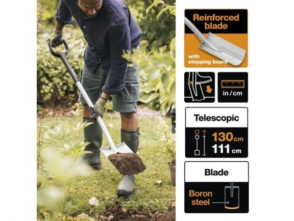 Лопата штыковая телескопическая прямая Xact FISKARS(длина:1108-1300мм, ширина:192мм)