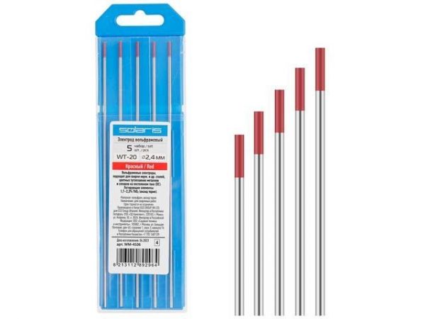 Электрод вольфрамовый красный WT-20, Ф 2,4 мм (набор 5 шт) SOLARIS