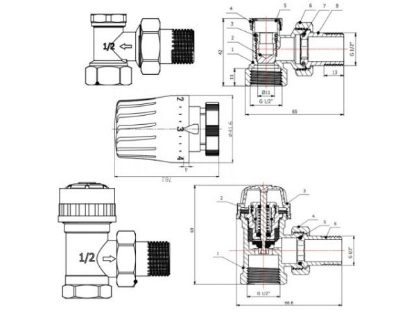 Комплект кранов угловой 1/2' для радиатора с термоголовкой, AV Engineering (инд. упак.)(M30x1.5)