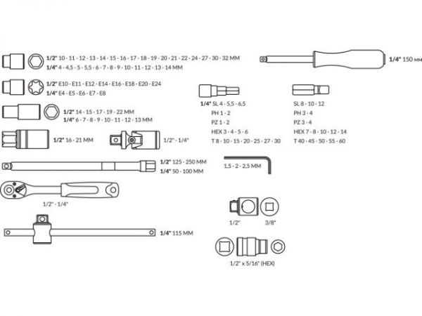 Набор головок и бит 108пр. TREK(1/4', 1/2', 6 граней)