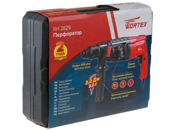 Перфоратор WORTEX RH 2829 в чем. + (2 зубила, 3 сверла) 900 Вт, 3.2 Дж, 28 мм, 4 режима, SDS-plus, Б(вес 3.4 кг)