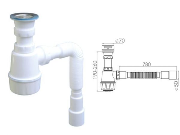 Сифон для кухни с прикручивающимся выпуском 70мм,  с гибкой трубой 1 1/2' - 40/50мм, AV Engineering