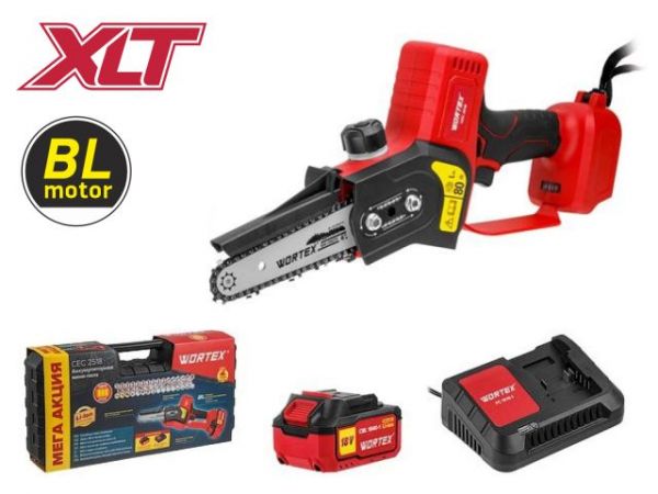 Мини-пила WORTEX CEC 2518 ALL1 XLT в чем. ALL1 XLT SET БЕСЩЕТ., 18 В, 15 см, 1х4 А*ч(шина 15 см, 1/4', 3 мм)