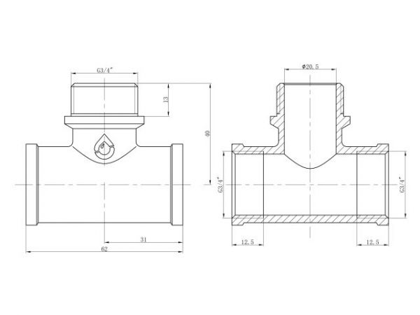 Тройник 3/4' вн.-нар.-вн., AV Engineering (инд. упак.)(Латунь, макс.  16 бар, макс.  110 °С)