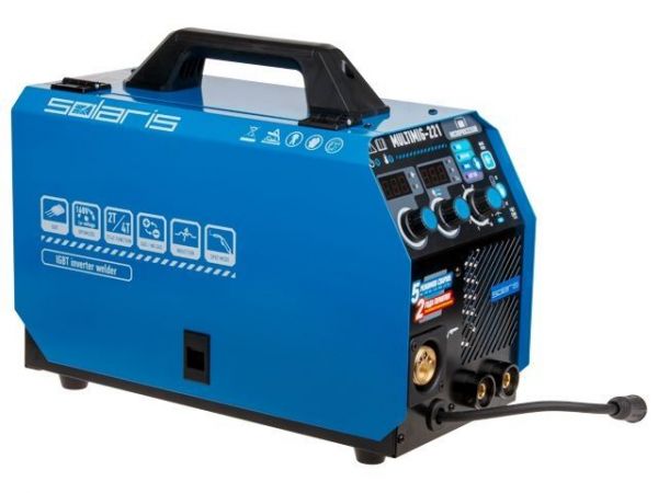 Полуавтомат сварочный Solaris MULTIMIG-221(230В; MIG/SPOT/FLUX/MMA/TIG; евроразъем; горелка 3 м; смена полярности; 2T/4T, рег.индуктивн.)
