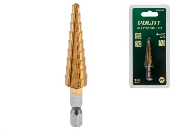 Сверло по металлу ступенчатое 4-12 мм HSS TIN ВОЛАТ(прямой профиль)