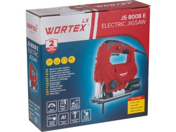 Лобзик электрический WORTEX LX JS 8008 E в кор. 800 Вт, 500-3350 ход/мин, пропил до 80 мм, алюм.под. (маятник.ход, сдув опилок, рег.об., бзп патрон, алюминиевая литая подошва)