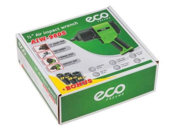 Пневмогайковерт 1/2' ECO AIW-980S(950/1200 Нм (закр./откр.); 3 ступени крут.мом.; twin hammer; 7500 об/мин; композитн. корпус)