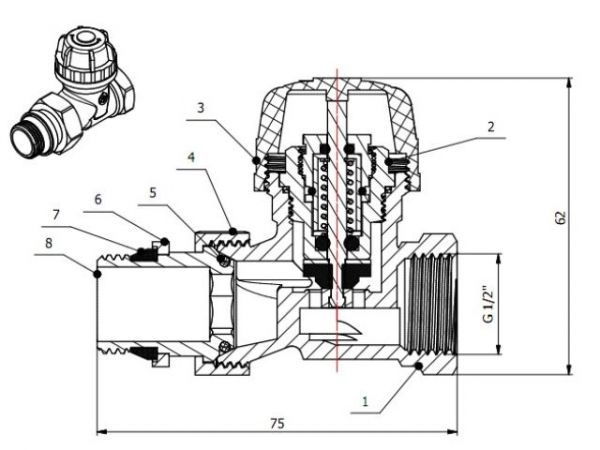 Кран вентильный прямой 1/2' вн.-нар. для радиатора под термоголову, AV Engineering(M30x1.5, подача)