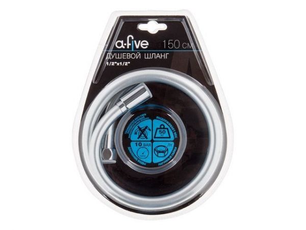 Шланг душевой, PVC, 1/2' г-г 150 см, серебро, a-five(Гайка латунь (anti-twist), 10 бар)