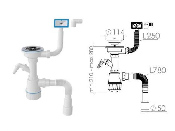Сифон для кухни с прямоугольным переливом , выпуск 3 1/2, с гибкой трубой 1 1/2' - 40/50мм, AV Engin