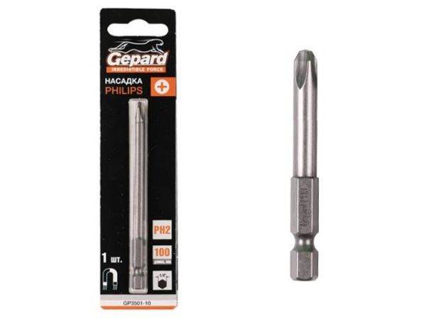 Насадка крестообразная PH2 100мм GEPARD (GP3501-10)(бита Phillips сталь S2 магнитная)