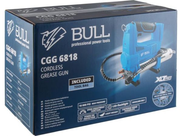 Шприц для смазки BULL CGG 6818 в кор. XLTpro SET 18 В, 690 атм., 255 г/мин, 1х4 А*ч, з/у 4 А(Шланг 76 см)