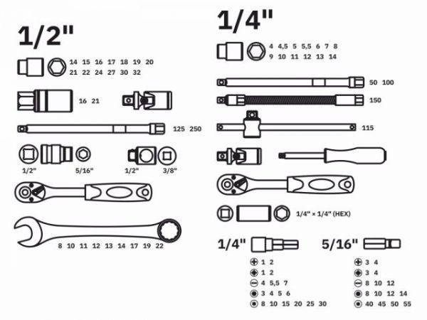 Набор головок и ключей 82пр. ВОЛАТ(1/4', 1/2', 6 граней)